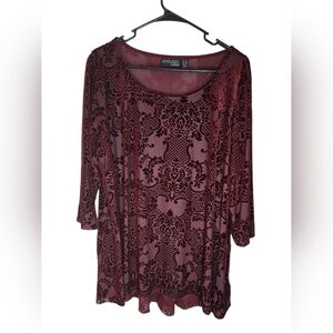 Women's Attitudes By Renee Burgundy Velvet Burnout Sheer Top, 1X, EUC